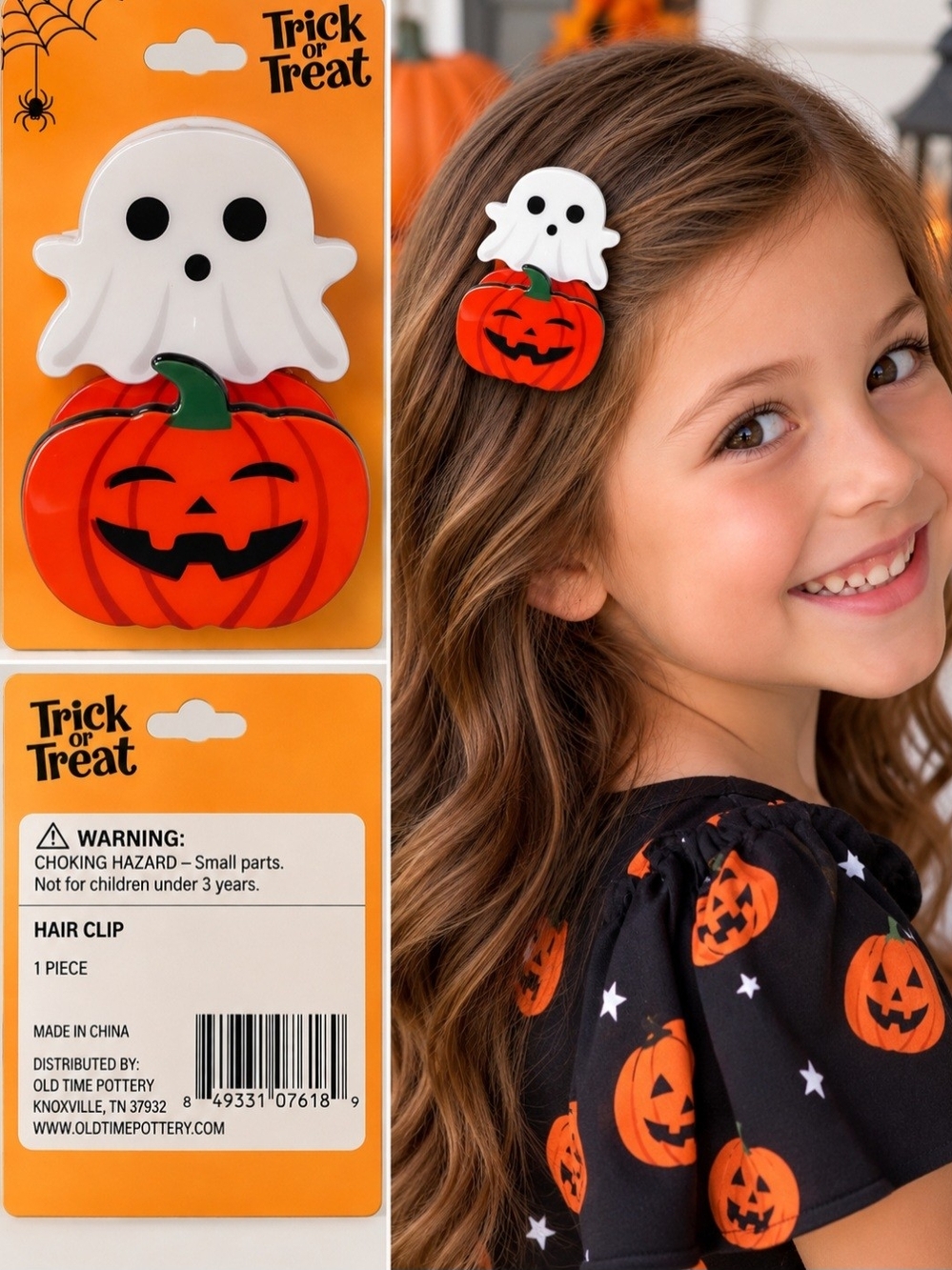 Halloween Ghost & Pumpkin Kids Hair Clips - White & Orange
